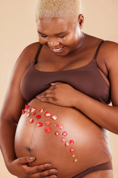 Pregnant Woman Smile Flowers Stomach Studio Body Baby Wellness Ivf — Fotografia de Stock