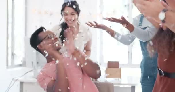 Surprise Confetti Wow Business Team Celebration Colleague Office Party Applause — Vídeo de stock