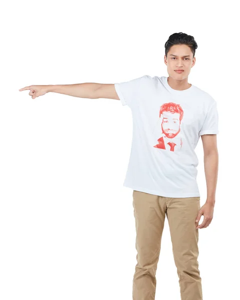 Idea Mockup Pointing Portrait Asian Man Question Product Deal Choice — ストック写真