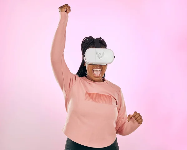 Glasses Futuristic Software Black Woman Winner Celebration Game Win Studio — Stock Fotó