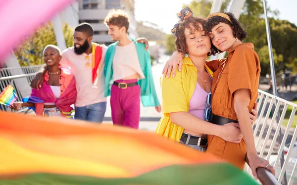 Lgbt City Couple Lesbian Friends Hug Rainbow Flag Support Queer — Stockfoto