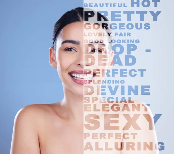 Woman, words and portrait smile for skincare beauty, collage or text overlay against a blue studio background. Happy female face with letters for empowerment, message or beautiful skin and self worth.