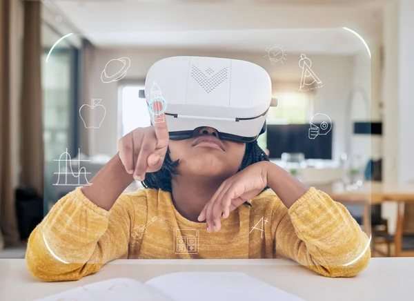 Augmented reality, education and child with headset for test in virtual class in metaverse online. Futuristic elearning, vr and innovation in technology for children in home school with icon overlay