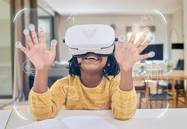 Vr, education and child in headset elearning in virtual class in metaverse, gaming or video streaming. Futuristic learning, cyber classroom and innovation in technology for children with icon overlay.