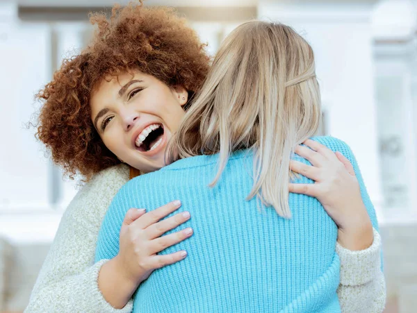 Love, friends and women hug, reunion and excited for achievement, happiness and outdoor. Young females, ladies and embrace outside, celebration for bonding and support with smile, relax or cheerful.