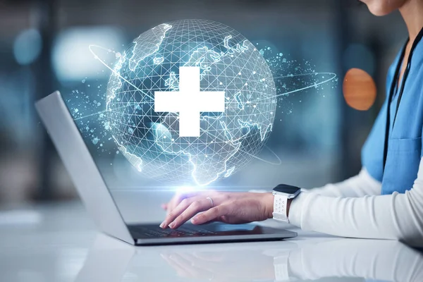 Doctor, hands and technology for 3d globe networking, healthcare community or digital help for life insurance support. Zoom, medical and futuristic world for global hospital, woman or nurse on laptop.