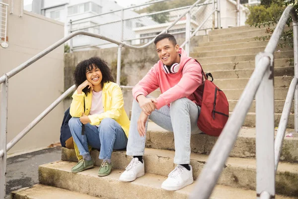 Portrait Stairs Students Man Black Woman Sitting Outdoor Campus Together — kuvapankkivalokuva