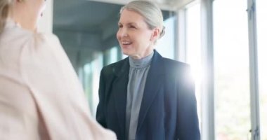 Shaking hands, introduction and business women welcome with trust, support or congratulations. Happy female workers handshake in company, meeting and networking in office building, happiness and deal.