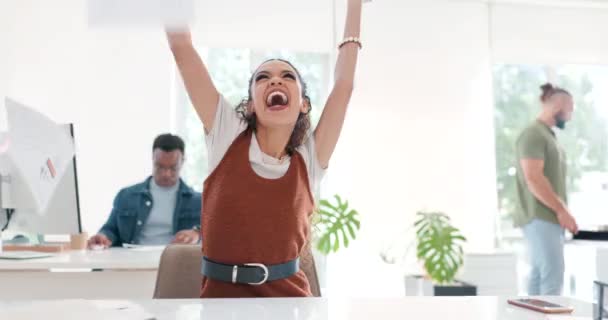Celebration Dance Business Woman Throw Paper Office Celebrate Goals Targets — Stockvideo