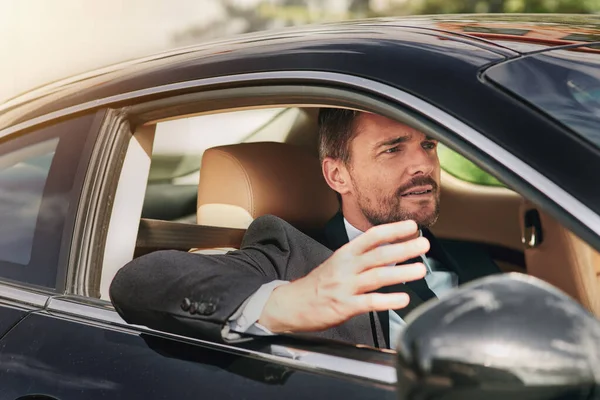 Can You Handsome Businessman Looking Annoyed While Driving Work — 图库照片