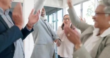 Applause, business people and high five in office for teamwork, motivation and collaboration. Diversity, group and happy workers clapping hands in company for success, winning support and celebration.