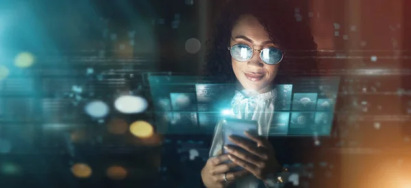 Futuristic Business Woman Smartphone Connectivity Cyber Data Overlay Technology Innovation — Stockfoto
