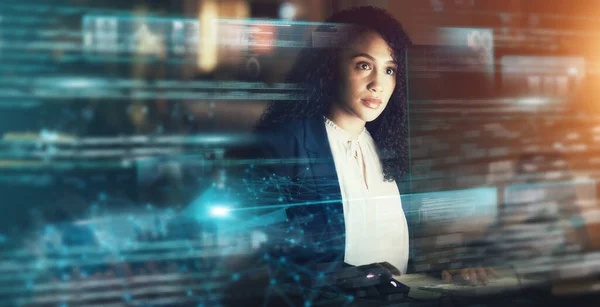 Futuristic Business Woman Cyber Data Connectivity Iot Overlay Technology Innovation — Stockfoto