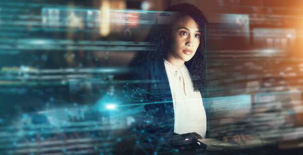 Futuristic, AI and business woman, cyber data and connectivity, iot overlay and technology innovation. Digital transformation, tech analytics and mockup space, web dashboard and internet holographic.