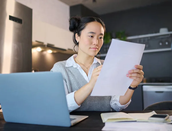 Finance Budget Asian Woman Reading Documents Paperwork Financial Report Company — 图库照片
