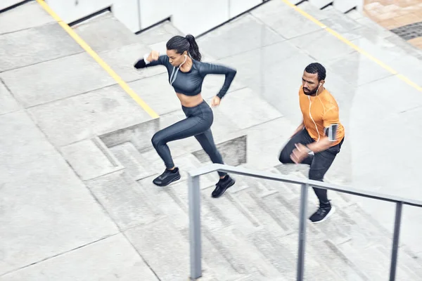 Fitness Running Couple Stairs Training Health Exercise Sports City Healthy — ストック写真