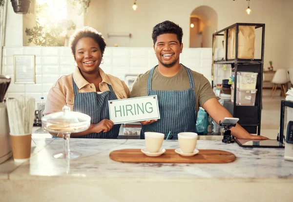 Portrait Collaboration Hiring Sign Small Business Owners Happy Coffee Shop — Stockfoto