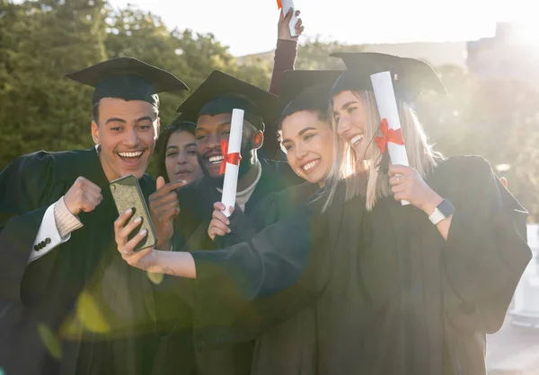 University student group, selfie and holding certificate together for photo, social media or success in study goal. Friends, students and graduate celebration for education, learning and diversity.