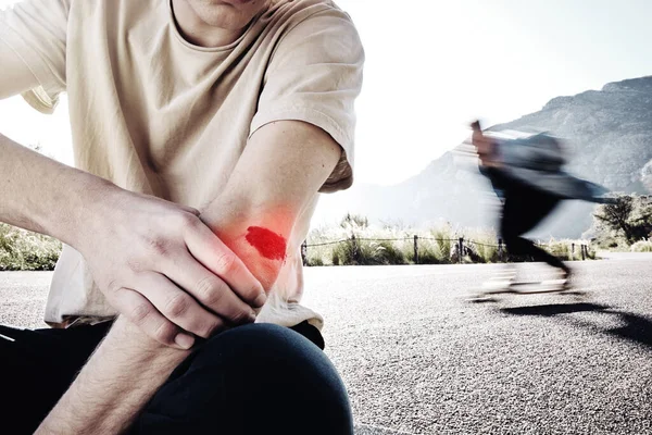 Pain, hands or man with arm injury on road after fall, accident or exercise workout outdoors. Sports, fitness or male with elbow fibromyalgia, arthritis or inflammation, broken bones or painful joint.