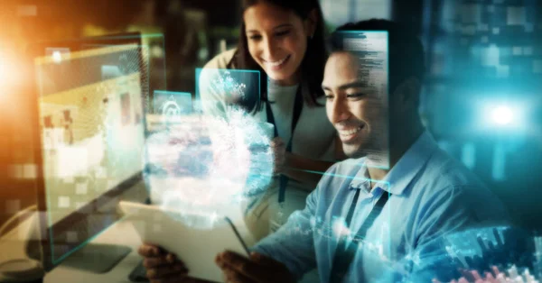 Creative Business People Tablet Digital Transformation Hologram Future Networking Night — Stockfoto