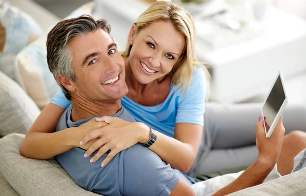 Staying Connected Easier Ever Cropped Portrait Smiling Mature Couple Using —  Fotos de Stock