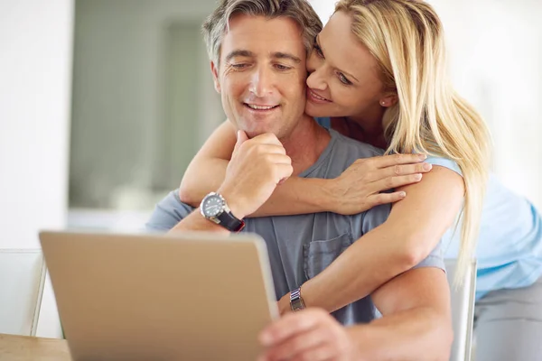 What You Looking Happy Mature Couple Using Laptop Home —  Fotos de Stock