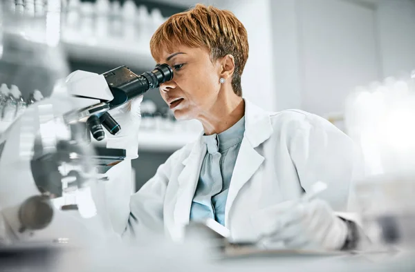 Research, microscope or doctor woman in science data analysis, medical innovation or healthcare. Scientist, futuristic or nurse writing note on health medicine, DNA or vaccine data exam in laboratory.