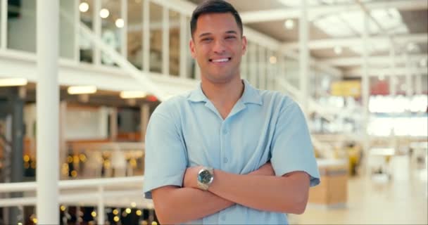 Business Man Arms Crossed Happy Face Office Leader Motivation Smile — Αρχείο Βίντεο