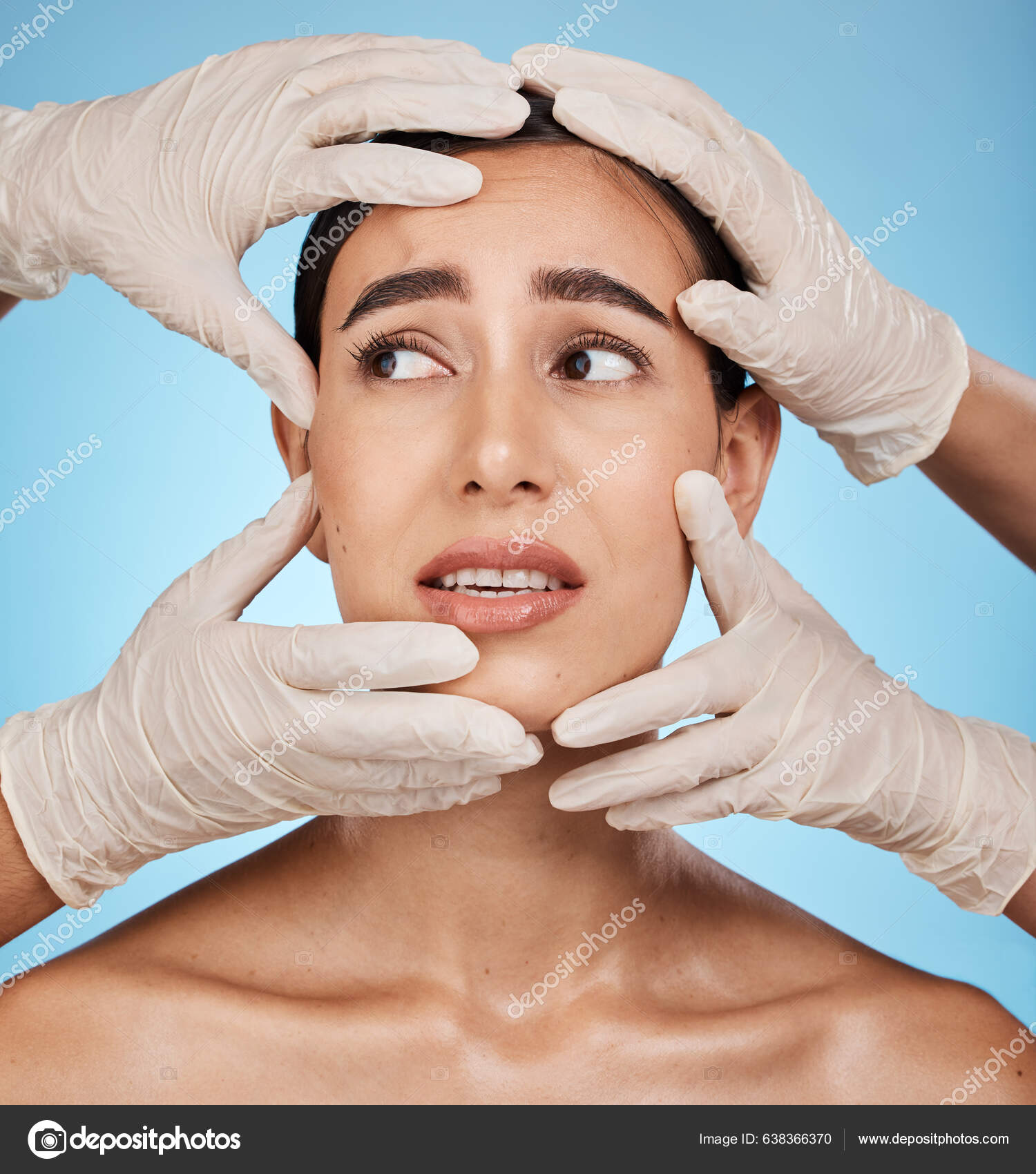 Hands Woman Face Plastic Surgery Skincare Treatment Blue Studio