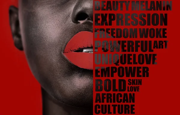 Message, empowerment and face of a black woman with words isolated on a red background in studio. Zoom, lips and half facial overlay of a girl with text, affirmations and opinion on a backdrop.