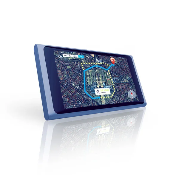 Get some GPS guidance. a tablet showing a city satellite map with gps data on it