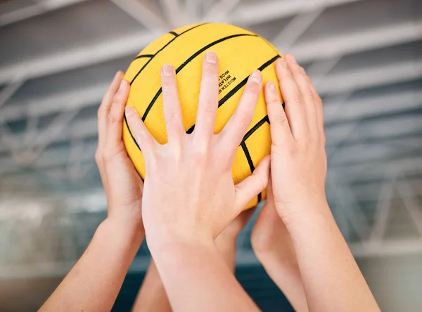 Hands, ball and team with sports and support with athlete group, teamwork and fitness with solidarity and trust. Collaboration, community and exercise, volleyball or water polo and people play game.