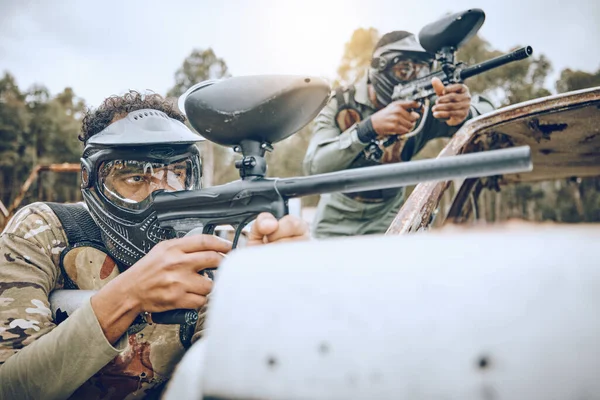 Paintball Gun Man Group Aim Shooting Strategy Team Formation Military — ストック写真