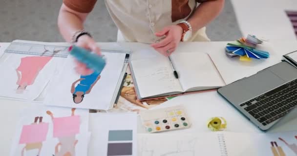 Laptop Fashion Designer Hands Writing Research Branding Logo Brand Identity — Vídeos de Stock