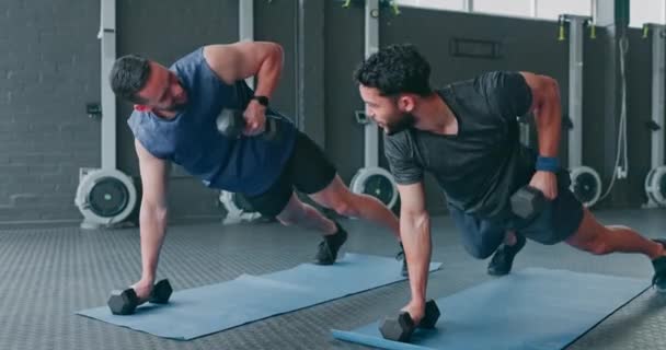 Fitness Siłownia Przyjaciele Deski Hantlami Razem Treningu Mięśni Ramienia Brzucha — Wideo stockowe
