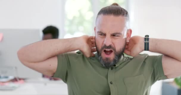 Creative Man Tired Thinking While Stretching Arms Head Stress Burnout — Stockvideo
