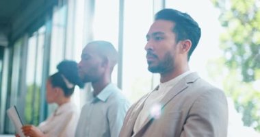 Man, business people and anxiety for job interview, queue and waiting room for opportunity, hiring or work. Young businessman, lobby and stress for recruitment by human resources at finance company.