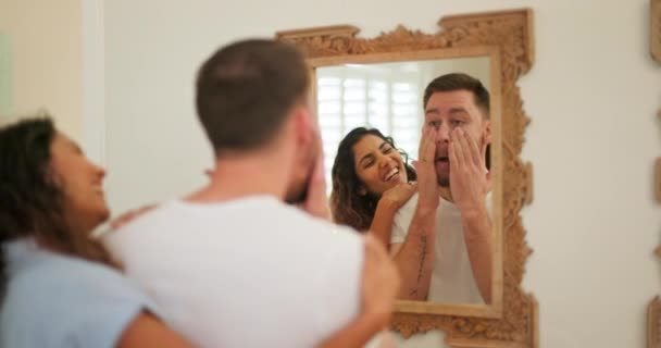 Couple Skin Care Home Bathroom While Mirror Together Facial Health — Vídeo de stock