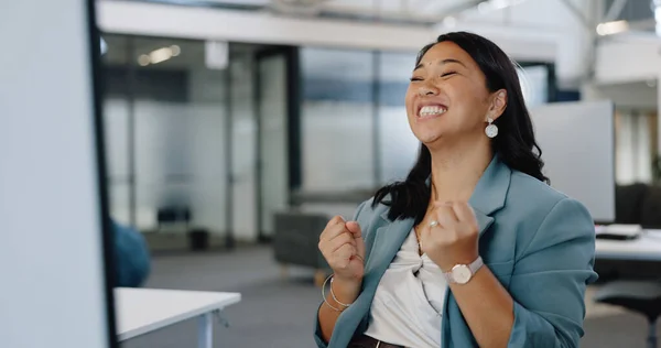 Business woman, computer and success celebration while reading email or notification about sales, target achievement and bonus. Employee face surprised, excited and happy about win or investment goal.