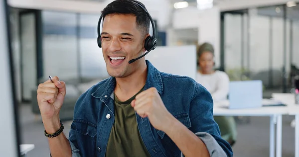 Businessman, call center and sale celebration in telemarketing, financial broker or consultant at office. Happy employee agent in applause for deal success, investment or customer service on computer.