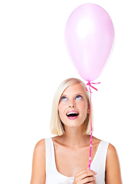 Balloon Excited Young Woman Birthday Valentines Day Present Studio Isolated — Zdjęcie stockowe