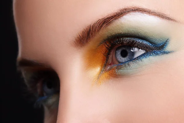 Bring that colour back into your face. Close up of a blue eye with yellow,green and blue eyeshadow