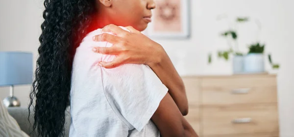 Shoulder pain, injury and black woman, health and emergency, medical problem with accident and red overlay. Orthopedic healthcare, inflammation and muscle tension, stress on joint and injured person.