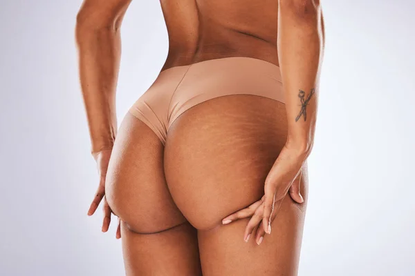 Cellulite Butt Underwear Model Black Woman Studio Gray Background Body — Foto de Stock