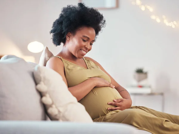 Pregnant Love Black Woman Sofa Home Hope Care Unborn Baby — Fotografia de Stock