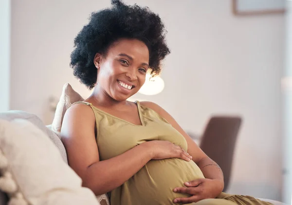 Pregnant Love Portrait Black Woman Sofa Home Hope Care Unborn — Fotografia de Stock