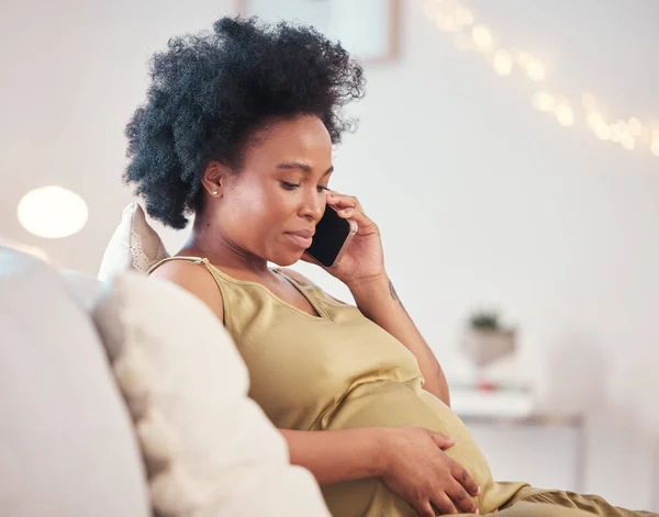Pregnant Phone Call Black Woman Home Talking Chatting Contact Living — Fotografia de Stock