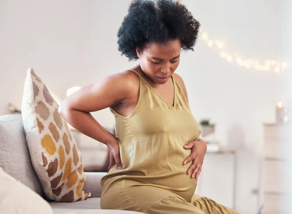 Back Pain Stomach Pregnant Woman Healthcare Stress Problem Risk Sofa — Fotografia de Stock