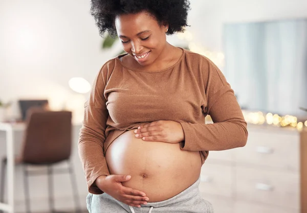 Pregnant Stomach Smile Black Woman Home Maternity Leave Health Wellness — Fotografia de Stock