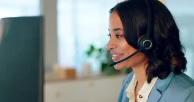 Businesswoman, call center and smile for telemarketing, customer support or help advice with headset at the office. Female employee consultant or agent talking and working on computer in online sales.